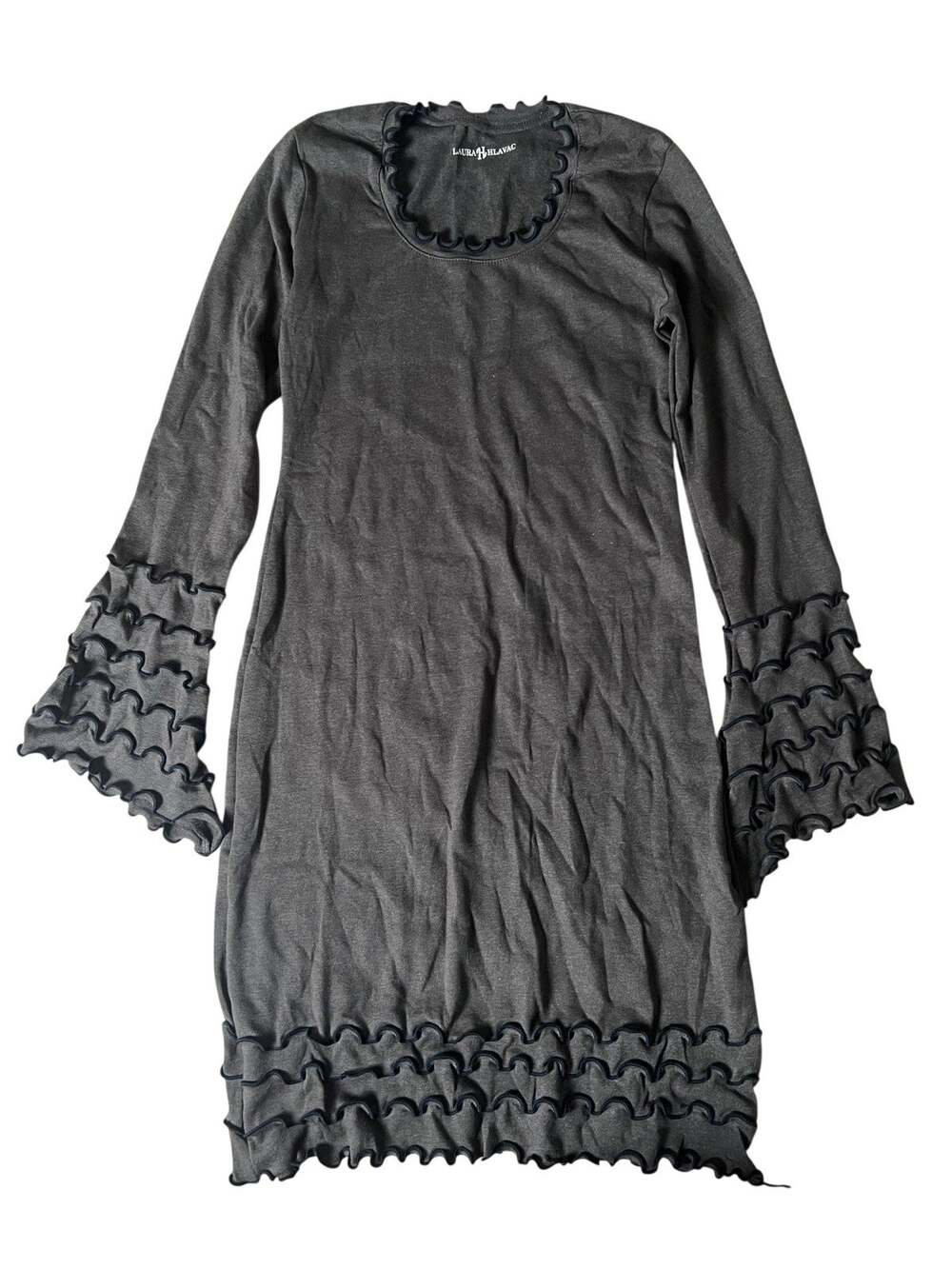 LAURA HLAVAC Dress Womens S Gray Sweater Dress Scoop Neck Bell Sleeve Ruffle